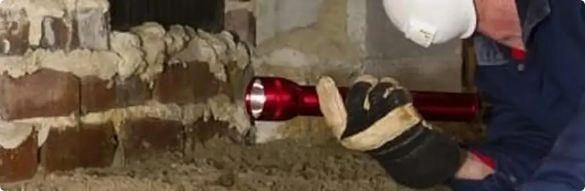 Pest control technician inspecting a crawl space for ant activity in Nedrow, NY