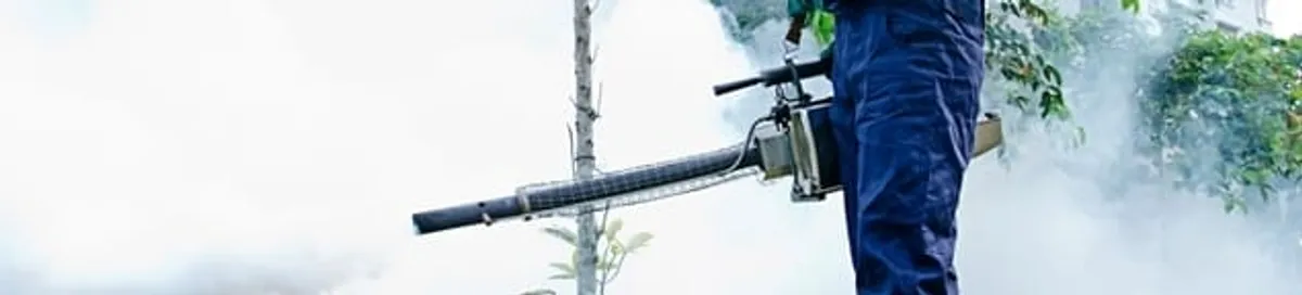 Pest control technician fogging an outdoor area for insect control in Syracuse, NY