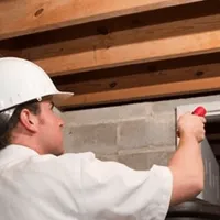 Termite inspection technician checking a basement wall and framing for termite activity in Syracuse, NY